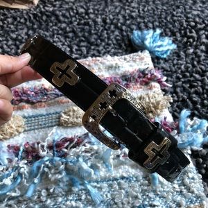 Genuine bonded leather belt tooled silver crosses